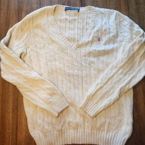 Ralph Lauren Sport Cream Cable Knit V Neck Sweater XL Embroidered‎ Pony Logo
